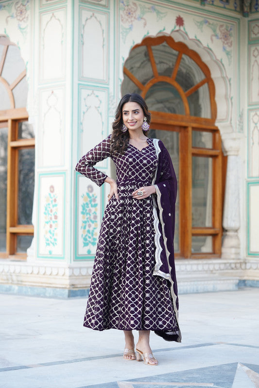 Jyoti Fashion Women's Wine Faux Blooming Sequins Embroidered Partywear Anarkali Dress with Dupatta | Grocsy