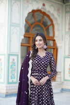 Jyoti Fashion Women's Wine Faux Blooming Sequins Embroidered Partywear Anarkali Dress with Dupatta | Grocsy