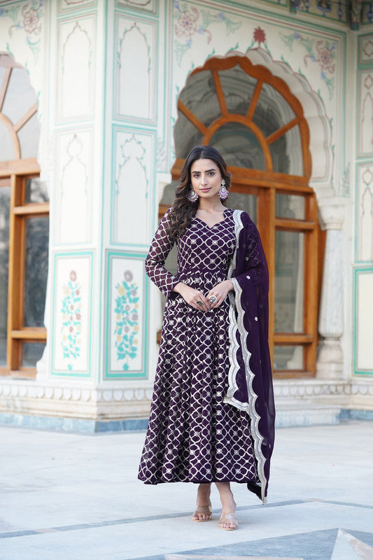Jyoti Fashion Women's Wine Faux Blooming Sequins Embroidered Partywear Anarkali Dress with Dupatta | Grocsy
