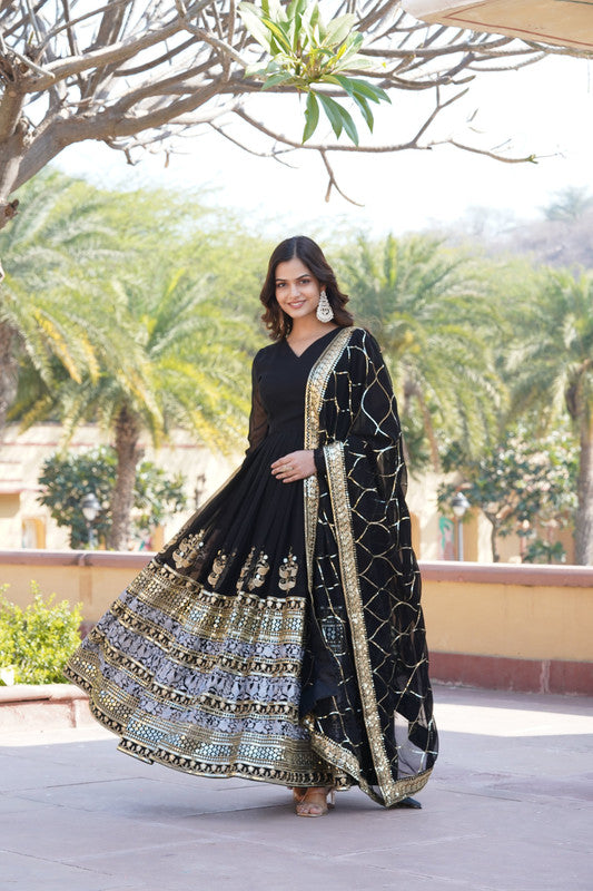Jyoti Fashion Women's Black Faux Blooming Sequins Embroidered Partywear Anarkali Dress with Dupatta | Grocsy