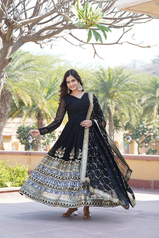 Jyoti Fashion Women's Black Faux Blooming Sequins Embroidered Partywear Anarkali Dress with Dupatta | Grocsy