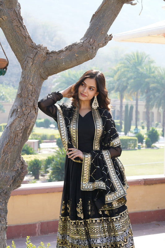 Jyoti Fashion Women's Black Faux Blooming Sequins Embroidered Partywear Anarkali Dress with Dupatta | Grocsy