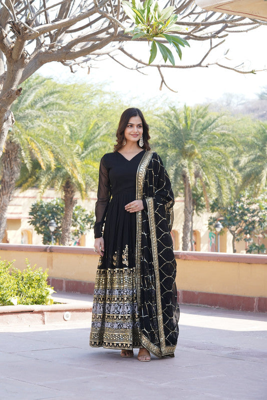Jyoti Fashion Women's Black Faux Blooming Sequins Embroidered Partywear Anarkali Dress with Dupatta | Grocsy