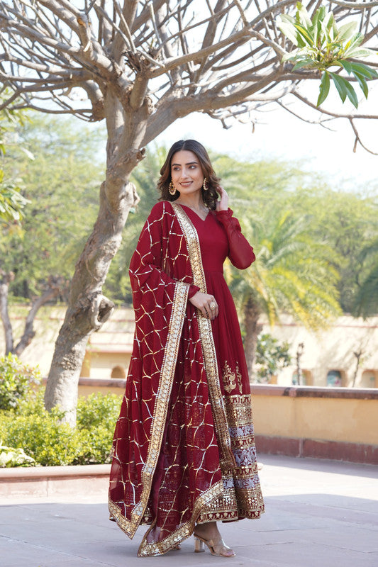 Jyoti Fashion Women's Maroon Faux Blooming Sequins Embroidered Partywear Anarkali Dress with Dupatta | Grocsy