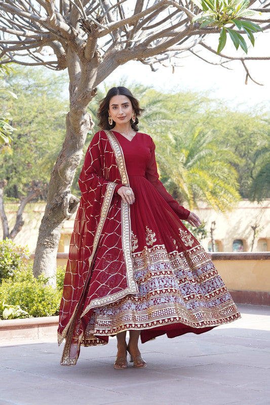 Jyoti Fashion Women's Maroon Faux Blooming Sequins Embroidered Partywear Anarkali Dress with Dupatta | Grocsy