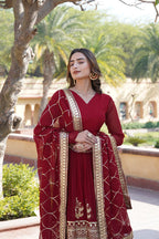Jyoti Fashion Women's Maroon Faux Blooming Sequins Embroidered Partywear Anarkali Dress with Dupatta | Grocsy
