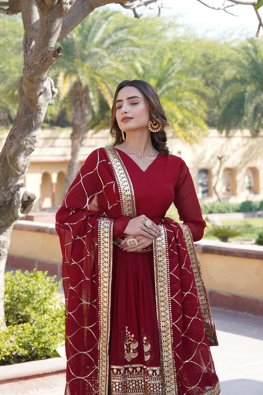 Jyoti Fashion Women's Maroon Faux Blooming Sequins Embroidered Partywear Anarkali Dress with Dupatta | Grocsy