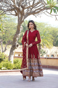 Jyoti Fashion Women's Maroon Faux Blooming Sequins Embroidered Partywear Anarkali Dress with Dupatta | Grocsy