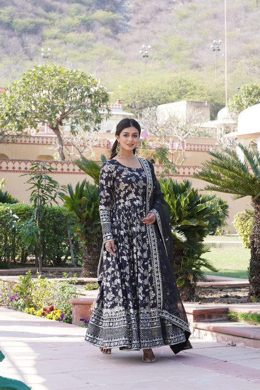 Jyoti Fashion Women's Black Viscose Jacquard with Sequins Embroidered Anarkali Dress with Dupatta | Grocsy