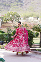 Jyoti Fashion Women's Pink Viscose Jacquard with Sequins Embroidered Anarkali Dress with Dupatta | Grocsy