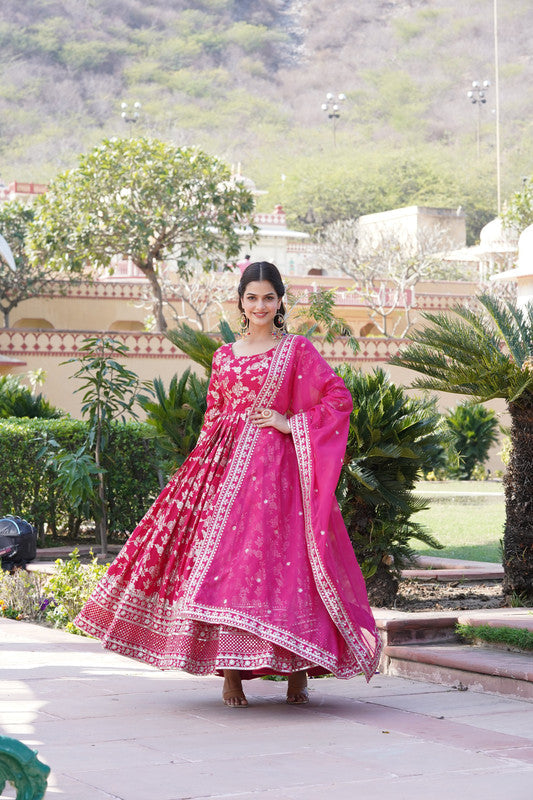 Jyoti Fashion Women's Pink Viscose Jacquard with Sequins Embroidered Anarkali Dress with Dupatta | Grocsy