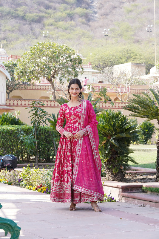 Jyoti Fashion Women's Pink Viscose Jacquard with Sequins Embroidered Anarkali Dress with Dupatta | Grocsy