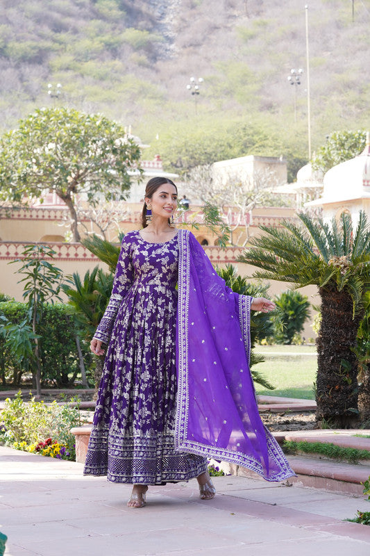 Jyoti Fashion Women's Purple Viscose Jacquard with Sequins Embroidered Anarkali Dress with Dupatta | Grocsy