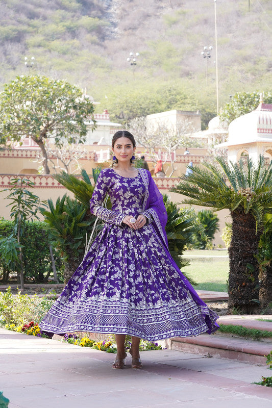 Jyoti Fashion Women's Purple Viscose Jacquard with Sequins Embroidered Anarkali Dress with Dupatta | Grocsy