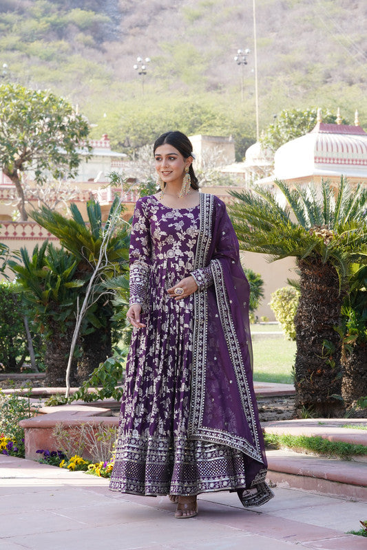 Jyoti Fashion Women's Wine Viscose Jacquard with Sequins Embroidered Anarkali Dress with Dupatta | Grocsy