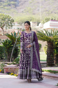Jyoti Fashion Women's Wine Viscose Jacquard with Sequins Embroidered Anarkali Dress with Dupatta | Grocsy