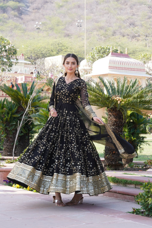 Jyoti Fashion Women's Black Faux Blooming Sequins Thread Embroidered Anarkali Dress with Dupatta | Grocsy
