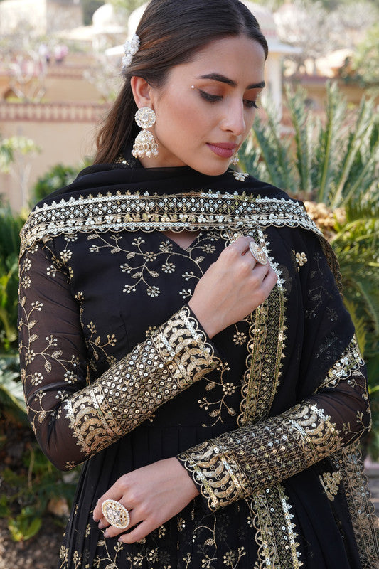 Jyoti Fashion Women's Black Faux Blooming Sequins Thread Embroidered Anarkali Dress with Dupatta | Grocsy