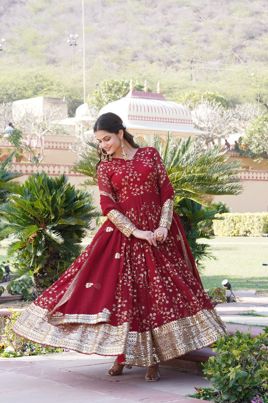Jyoti Fashion Women's Maroon Faux Blooming Sequins Thread Embroidered Anarkali Dress with Dupatta | Grocsy