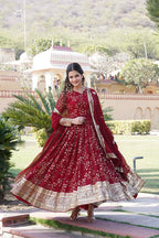 Jyoti Fashion Women's Maroon Faux Blooming Sequins Thread Embroidered Anarkali Dress with Dupatta | Grocsy