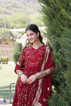 Jyoti Fashion Women's Maroon Faux Blooming Sequins Thread Embroidered Anarkali Dress with Dupatta | Grocsy