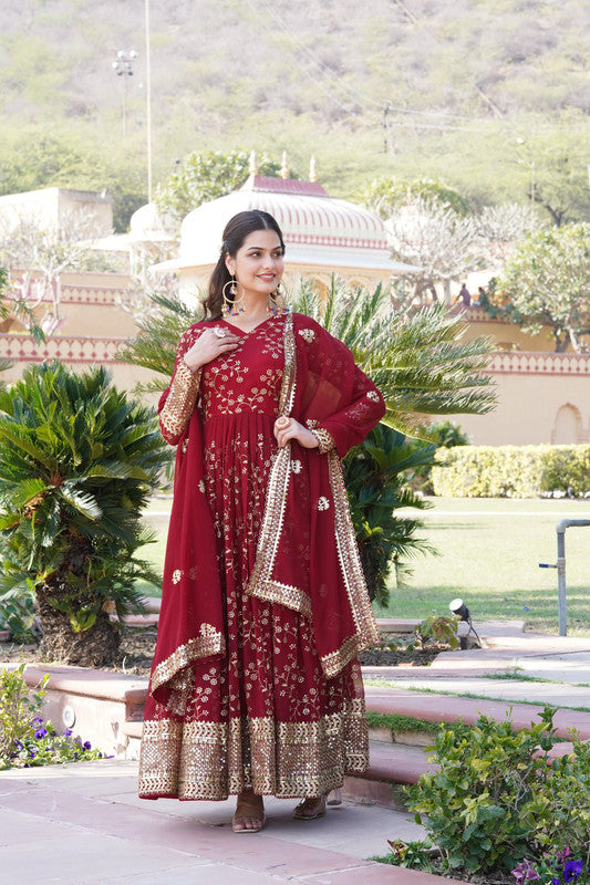 Jyoti Fashion Women's Maroon Faux Blooming Sequins Thread Embroidered Anarkali Dress with Dupatta | Grocsy