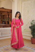 Jyoti Fashion Women's Pink Russian Silk Kali work Partywear Anarkali Dress with Dupatta | Grocsy