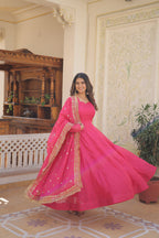 Jyoti Fashion Women's Pink Russian Silk Kali work Partywear Anarkali Dress with Dupatta | Grocsy