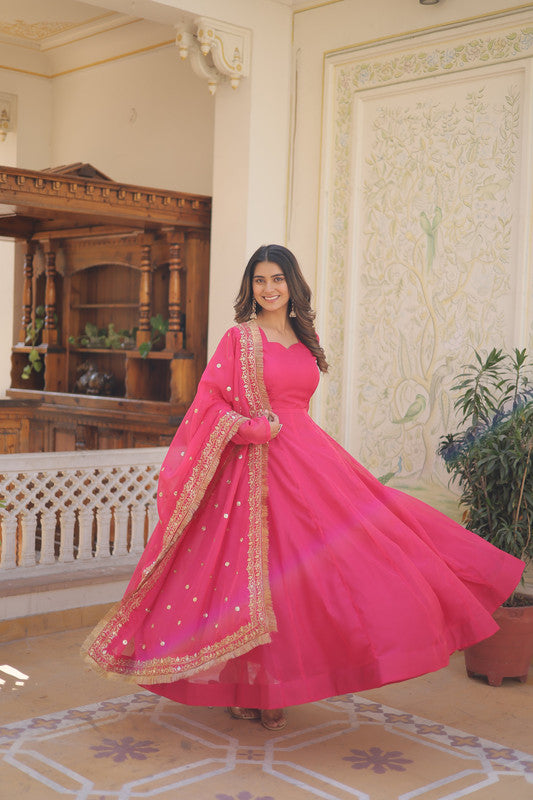 Jyoti Fashion Women's Pink Russian Silk Kali work Partywear Anarkali Dress with Dupatta | Grocsy
