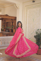 Jyoti Fashion Women's Pink Russian Silk Kali work Partywear Anarkali Dress with Dupatta | Grocsy