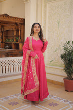 Jyoti Fashion Women's Pink Russian Silk Kali work Partywear Anarkali Dress with Dupatta | Grocsy