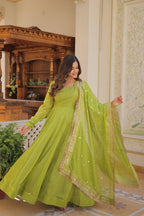 Jyoti Fashion Women's Green Russian Silk Kali work Partywear Anarkali Dress with Dupatta | Grocsy