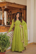 Jyoti Fashion Women's Green Russian Silk Kali work Partywear Anarkali Dress with Dupatta | Grocsy