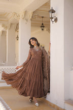 Jyoti Fashion Women's Coffee Faux Georgette Embroidered Partywear Anarkali Dress with Dupatta | Grocsy