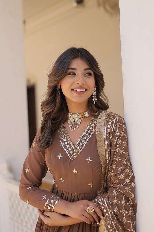 Jyoti Fashion Women's Coffee Faux Georgette Embroidered Partywear Anarkali Dress with Dupatta | Grocsy