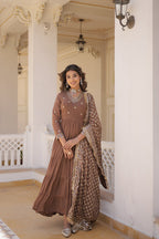 Jyoti Fashion Women's Coffee Faux Georgette Embroidered Partywear Anarkali Dress with Dupatta | Grocsy