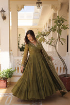 Jyoti Fashion Women's Mehendi Faux Georgette Embroidered Partywear Anarkali Dress with Dupatta | Grocsy