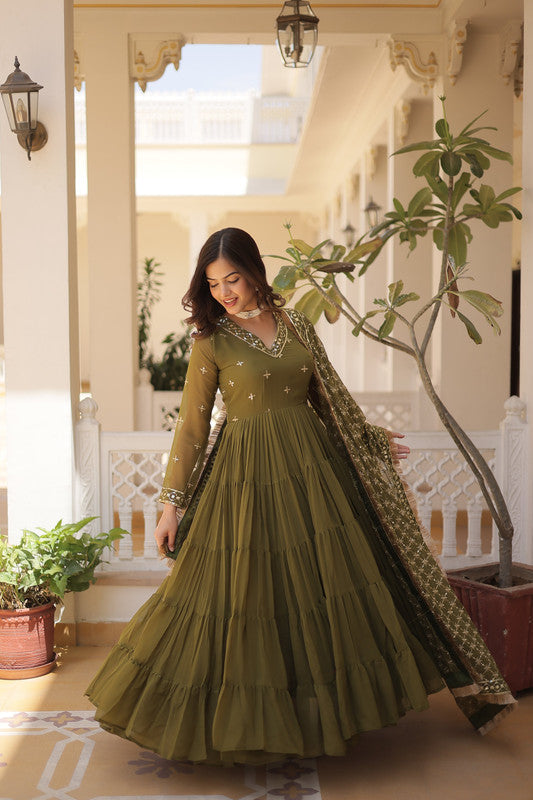 Jyoti Fashion Women's Mehendi Faux Georgette Embroidered Partywear Anarkali Dress with Dupatta | Grocsy