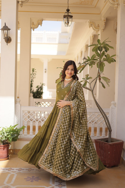 Jyoti Fashion Women's Mehendi Faux Georgette Embroidered Partywear Anarkali Dress with Dupatta | Grocsy