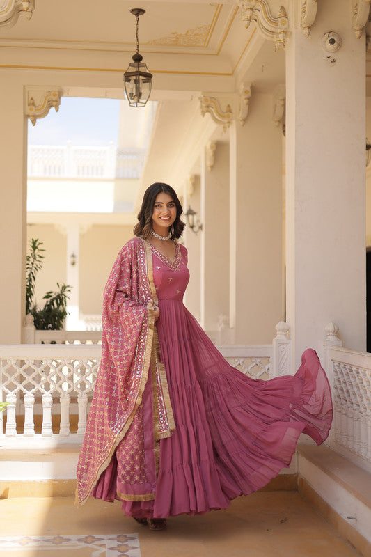 Jyoti Fashion Women's Onion Pink Faux Georgette Embroidered Partywear Anarkali Dress with Dupatta | Grocsy