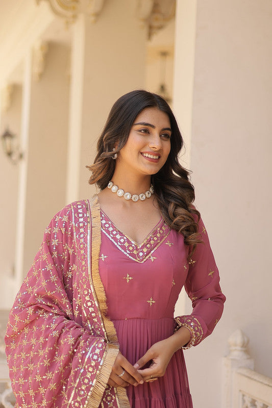 Jyoti Fashion Women's Onion Pink Faux Georgette Embroidered Partywear Anarkali Dress with Dupatta | Grocsy