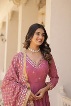 Jyoti Fashion Women's Onion Pink Faux Georgette Embroidered Partywear Anarkali Dress with Dupatta | Grocsy