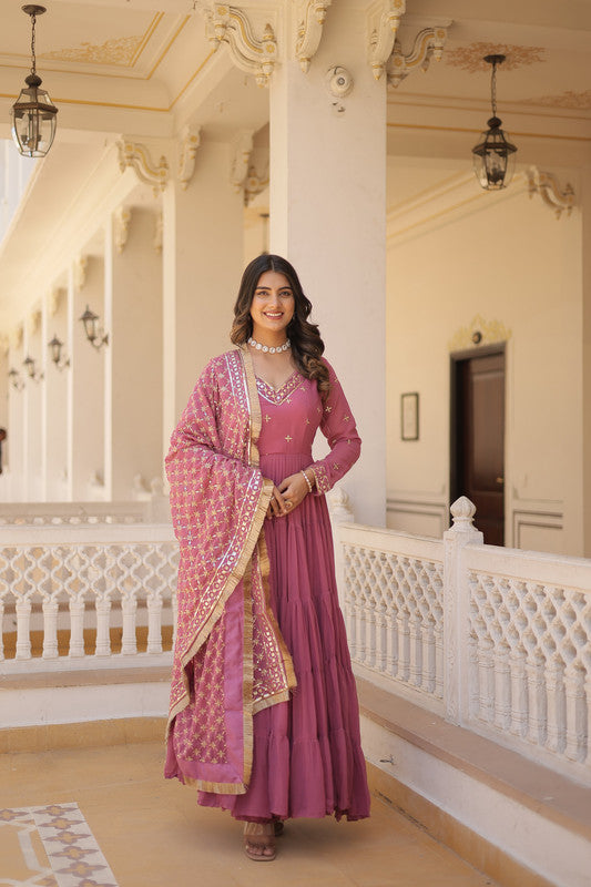 Jyoti Fashion Women's Onion Pink Faux Georgette Embroidered Partywear Anarkali Dress with Dupatta | Grocsy