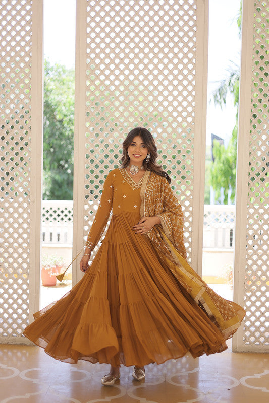 Jyoti Fashion Women's Mustard Faux Georgette Embroidered Partywear Anarkali Dress with Dupatta | Grocsy