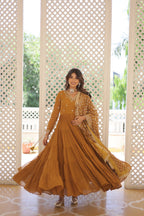Jyoti Fashion Women's Mustard Faux Georgette Embroidered Partywear Anarkali Dress with Dupatta | Grocsy
