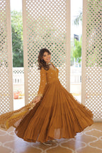 Jyoti Fashion Women's Mustard Faux Georgette Embroidered Partywear Anarkali Dress with Dupatta | Grocsy
