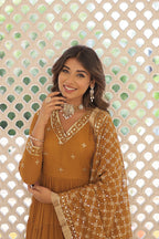 Jyoti Fashion Women's Mustard Faux Georgette Embroidered Partywear Anarkali Dress with Dupatta | Grocsy