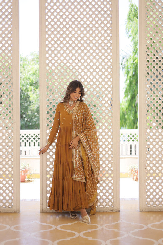 Jyoti Fashion Women's Mustard Faux Georgette Embroidered Partywear Anarkali Dress with Dupatta | Grocsy