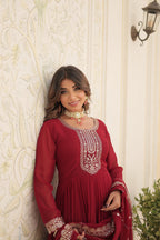 Jyoti Fashion Women's Maroon Silver Faux Blooming Sequins Embroidered Partywear Anarkali Dress with Dupatta | Grocsy