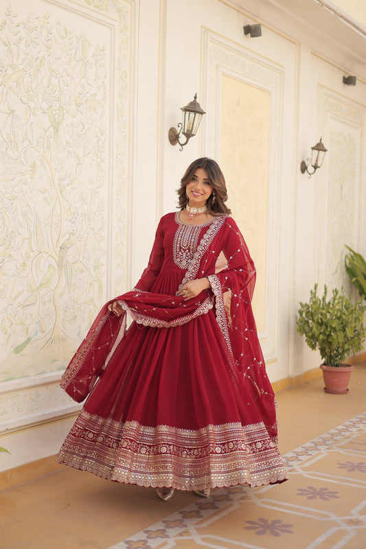 Jyoti Fashion Women's Maroon Silver Faux Blooming Sequins Embroidered Partywear Anarkali Dress with Dupatta | Grocsy